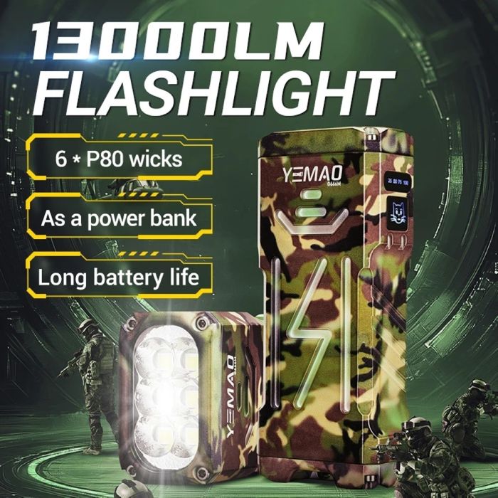 Фонарь YEMAO YM-G666M-6P80, Li-Ion аккумулятор, Power Bank, ЗУ Type-C, чехол