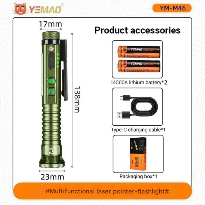 Фонарь YEMAO YM-M46-XPG+11SMD(white+red+blue+UV)+лазер(red), 1x14500/1xAA, ЗУ Type-C, магнит, открывалка