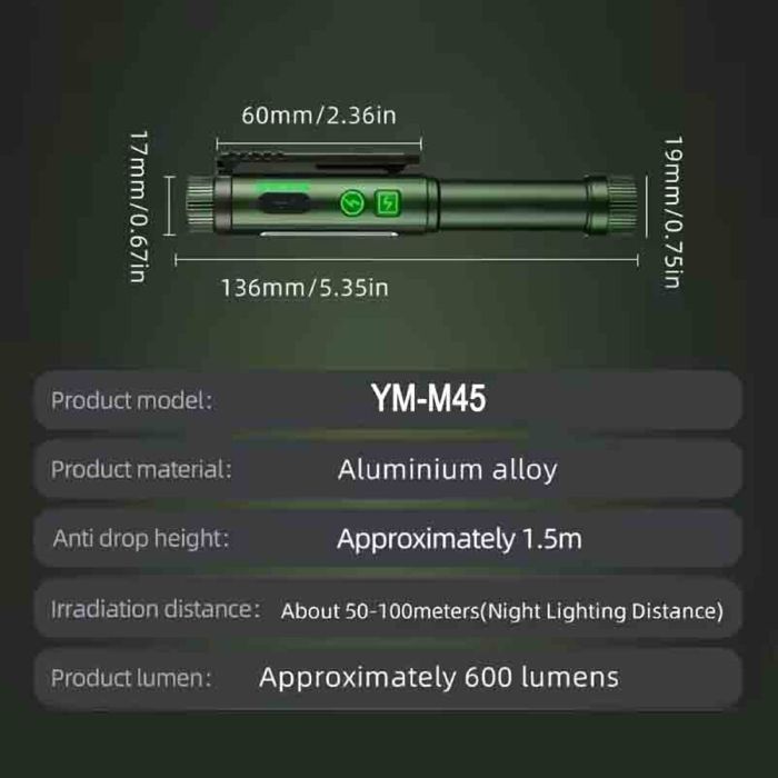 Фонарь YEMAO YM-M45-XPG+COB(white+red+green), 1x14500/1xAA, ЗУ Type-C, магнит