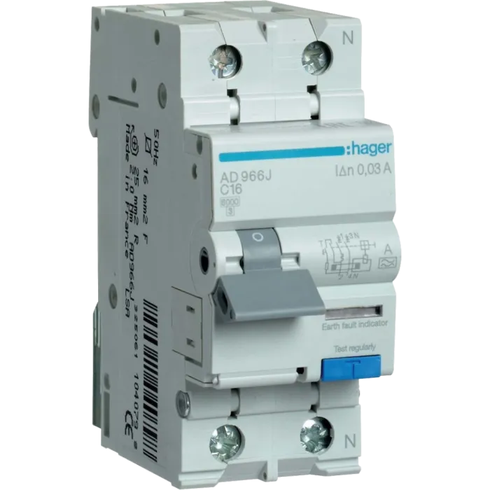 Hager 1+N С16/30mA 6кА, тип-A AD966J Дифавтомат