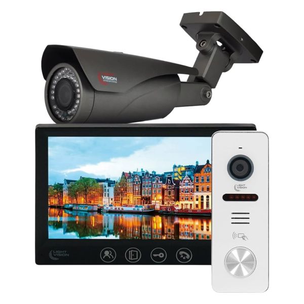 Комплект відеодомофона Light Vision з відеокамерою: домофон 7" AMSTERDAM FHD Black, відеопанель 2Mp RIO FHD (RF) White зі зчитувачем Mifare, MHD-відеокамера 2Mp VLC-1192WFM Graphite
