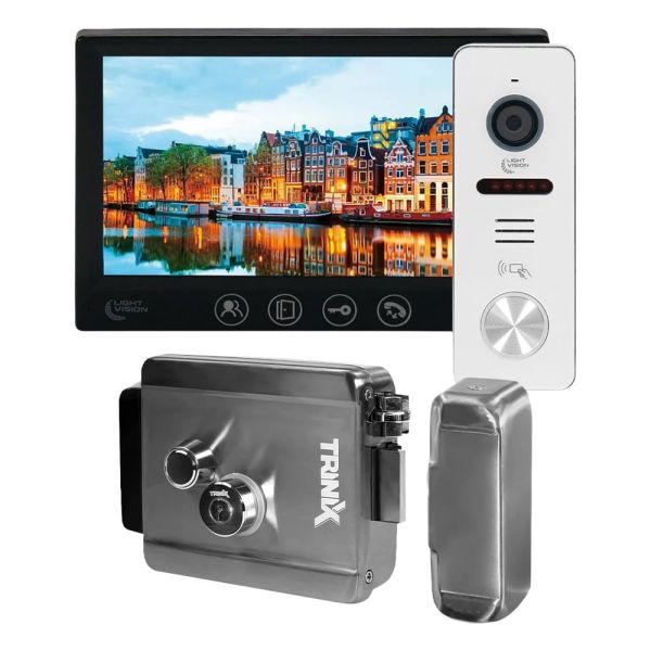 Комплект відеодомофона Light Vision з електрозамком: домофон 7" AMSTERDAM FHD Black, відеопанель 2Mp RIO FHD (RF) White зі зчитувачем Mifare, електромеханічний замок Trinix TRX Fass Steel