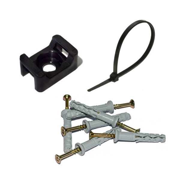 Монтажний комплект: Стяжка Relfix 4 x 250 мм (100 шт/уп) чорна + Майданчик для стяжки під дюбель 13 x 18 мм чорний (100шт) + Дюбелі швидкого монтажу 6 x 40 мм потай (100 шт/уп)