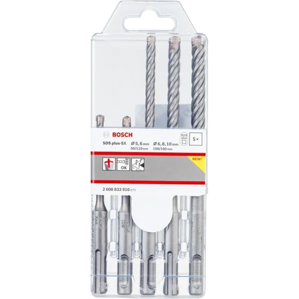 Bosch SDS plus-5X 5шт 5/6 x 110мм; 6/8/10 x 160мм Набір бурів по бетону