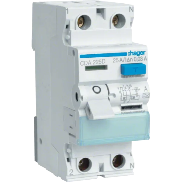 Hager CDA225D Диференціальне реле 2P, 6kA, 25A, 30mA, A