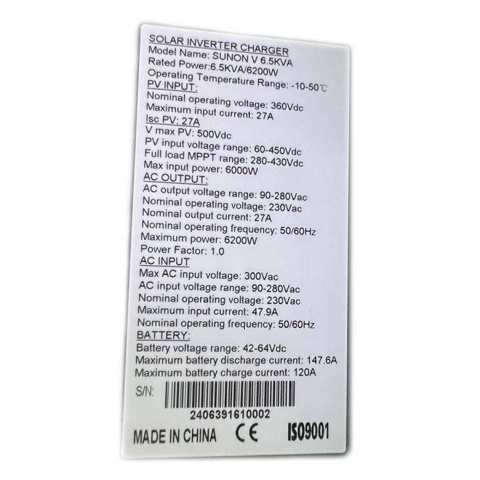 Гібридний сонячний інвертор Sako SUNON V 6.5кВА/6.2кВт 48В 120A MPPT з чистою синусоїдою