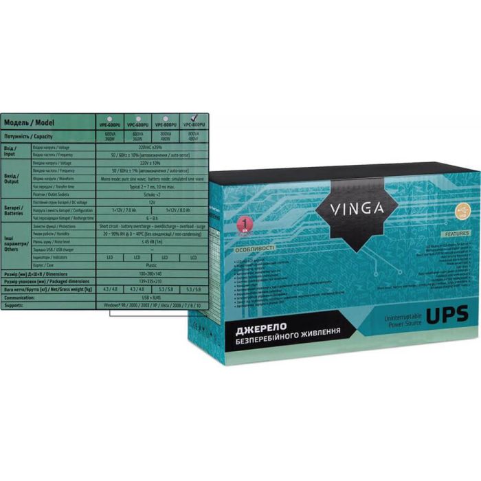 Джерело безперебійного живлення Vinga VPC-800PU 800ВА / 480 Вт з LCD-дисплеєм з USB у пластиковому корпусі