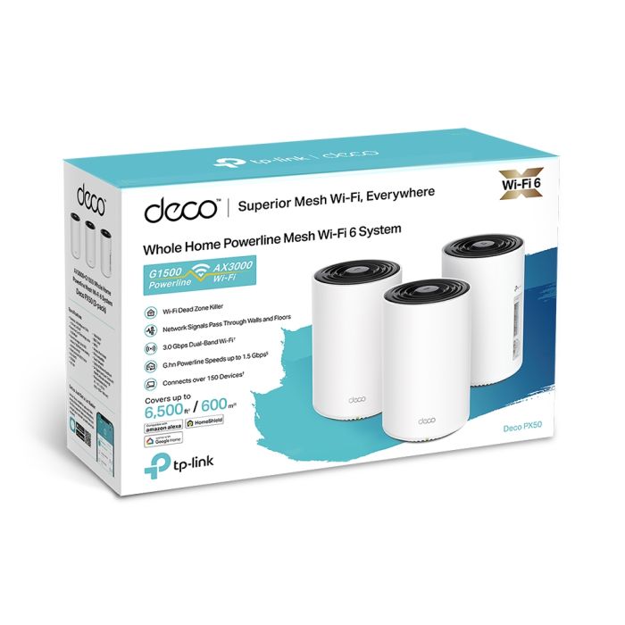 Домашня Powerline Mesh Wi-Fi система TP-LINK DECO PX50 3PK AX3000, 3xGE LAN/WAN, Powerline G1500