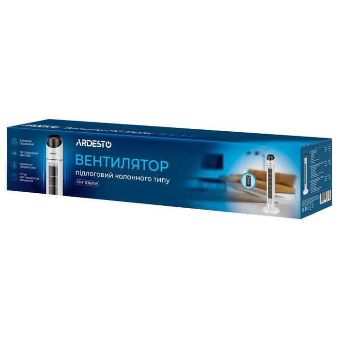 Вентилятор підлоговий Ardesto FNT-R36X1W колонного типу, висота 90 см, 50 Вт, дисплей, таймер, пульт ДК, білий