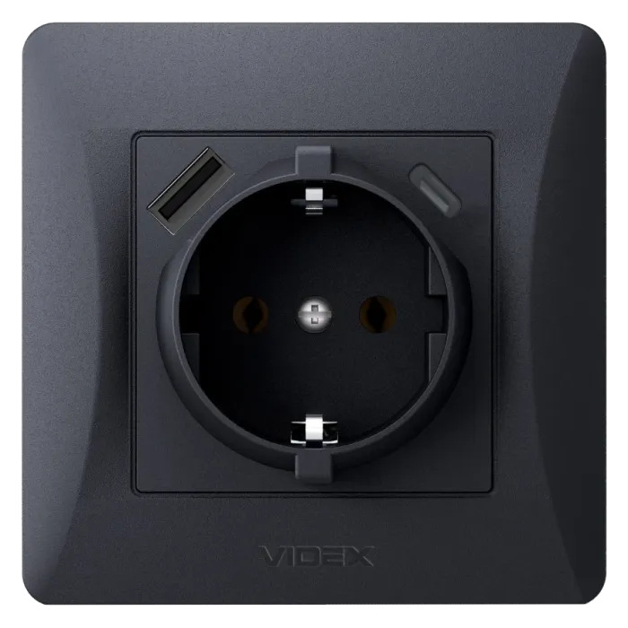 VIDEX BINERA Розетка одинарна із заземленням з USB+USB-C чорний графіт