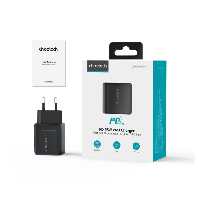 Мережевий зарядний пристрій Choetech PD6052 PD35W GAN A+C Black