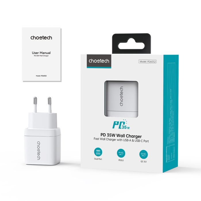 Мережевий зарядний пристрій Choetech PD6052 PD35W GAN A+C White