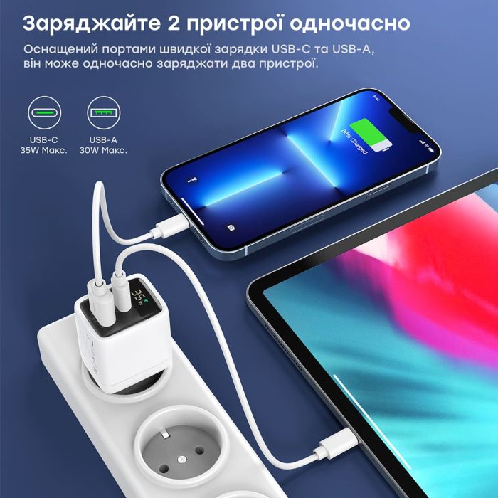 Мережевий зарядний пристрій Choetech PD6052 PD35W GAN A+C White