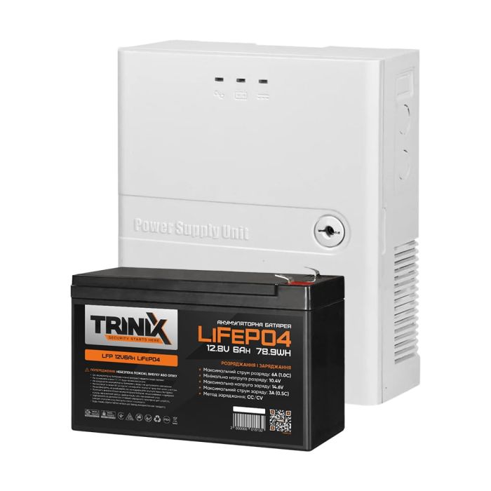 Комплект резервного живлення Trinix: джерело безперебійного живлення PSU-1203LED(P) LiFePO4 і акумуляторна батарея LFP 12V6Ah LiFePO4