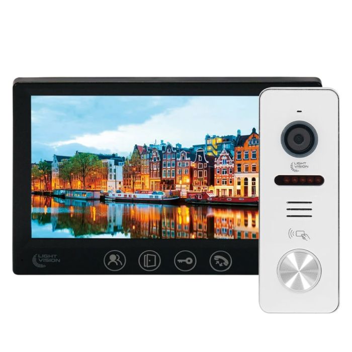 Комплект відеодомофона Light Vision з відеокамерою: домофон 7" AMSTERDAM FHD Black, відеопанель 2Mp RIO FHD (RF) White зі зчитувачем Mifare, MHD-відеокамера 2Mp VLC-1192WFM Graphite