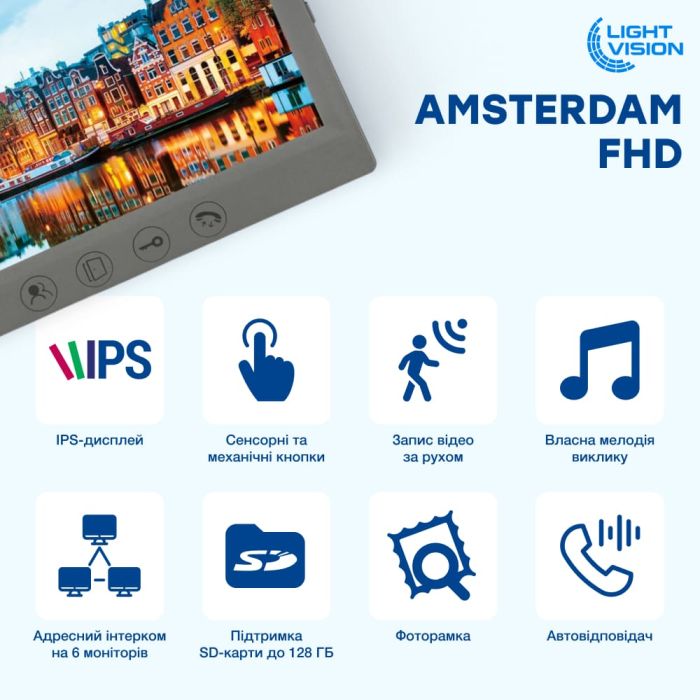 Комплект відеодомофона Light Vision з електрозамком: домофон 7" AMSTERDAM FHD Grey, відеопанель 2Mp RIO FHD Grey, електромеханічний замок Trinix TRX Fass Steel
