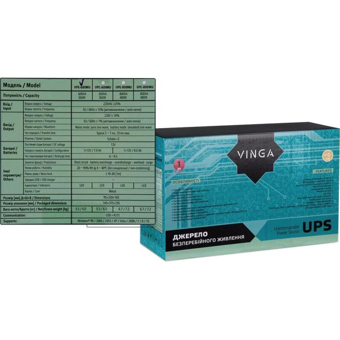 Джерело безперебійного живлення Vinga VPE-600MU 600ВА / 360 Вт з LED-індикацією з USB у металевому корпусі