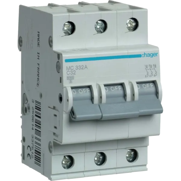 Hager In=32 А, 3п, С, 6 kA, 3м MC332A Автоматичний вимикач