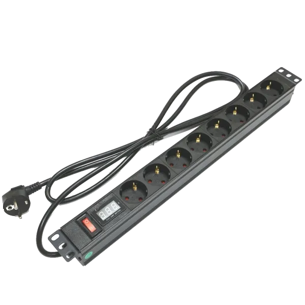 Kingda Блок 19" на 8 роз. нім. станд., 16А, 1U, з вимикачем та амперметром