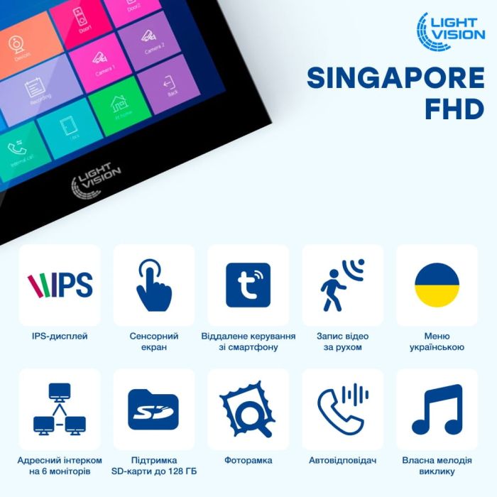 Комплект відеодомофона Light Vision: домофон 7" SINGAPORE (AI) FHD Black та відеопанель RIO FHD Grey