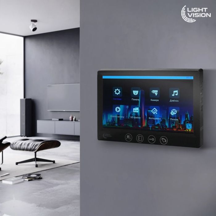 Комплект відеодомофона Light Vision з відеокамерою: домофон 7" AMSTERDAM FHD Black, відеопанель 2Mp RIO FHD (RF) White зі зчитувачем Mifare, MHD-відеокамера 2Mp VLC-1192WFM Graphite