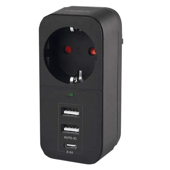 VIDEX ONCORD з/з 1п 2.4A 2USB+USB-C Black Мережевий адаптер з заземленням