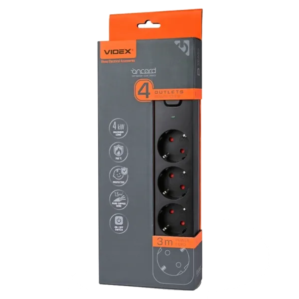VIDEX ONCORD з/з 4п 3м (3x1.5мм) Мережевий подовжувач з кнопкою Black